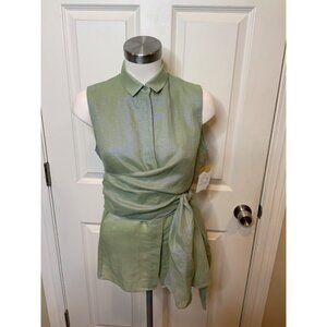 Akris Punto Green Blue Shimmer Long Button-Up Tank Top W/ Tie, Size 8
